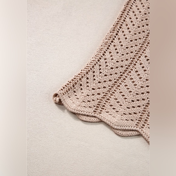 Pale Khaki Scalloped Hem V Neck Crochet Knit Tank Top Bohemian Blouse - Picture 13 of 15